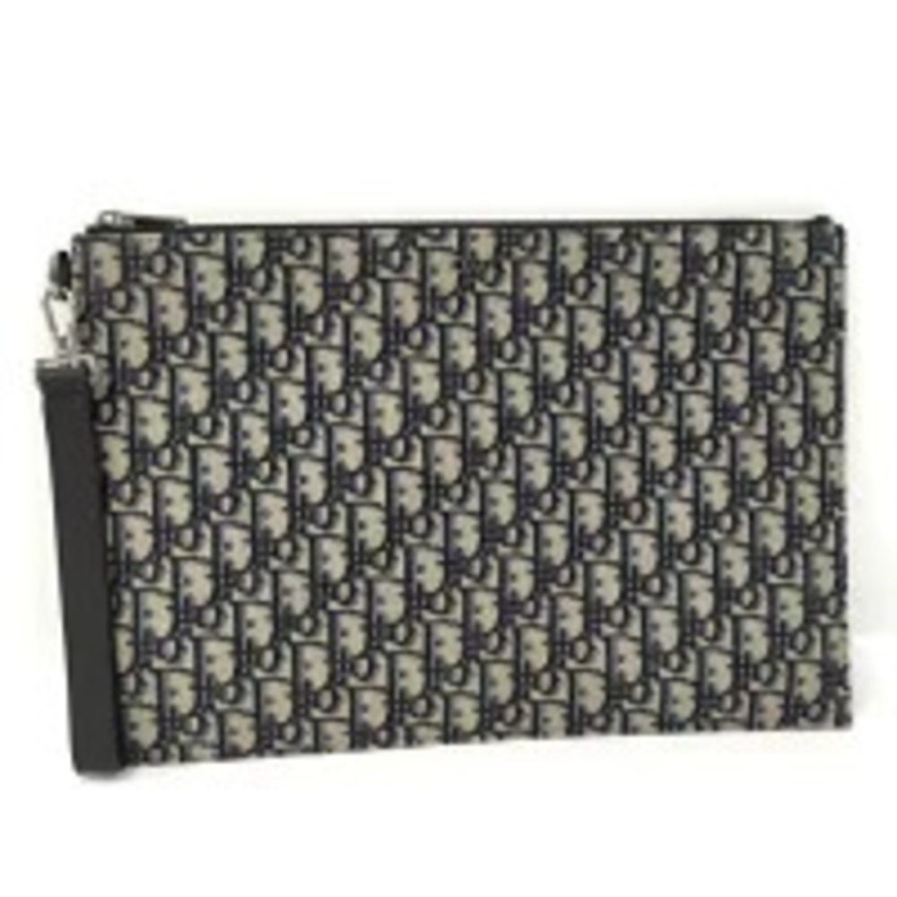 Christian Dior Clutch Bag Oblique Trotter Canvas Leather Black